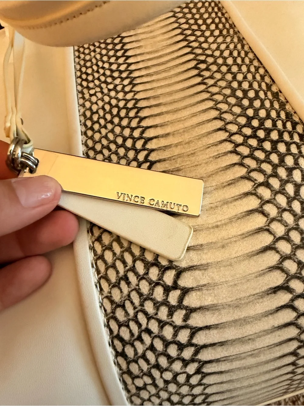 Vince Camuto White Tote Bag with Snake skin Center Panel